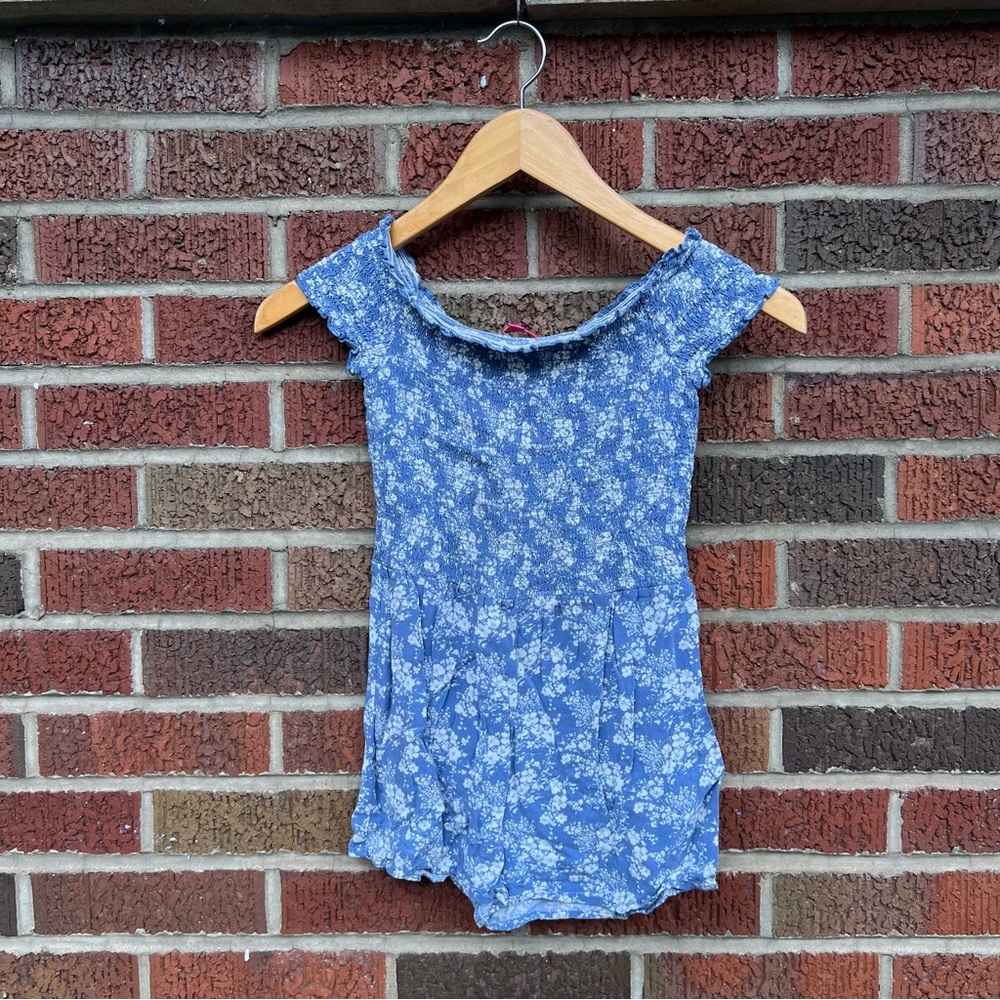 me.n.u. Dusty Blue and White Floral Smocked Off the Shoulder Short Sleeve Top